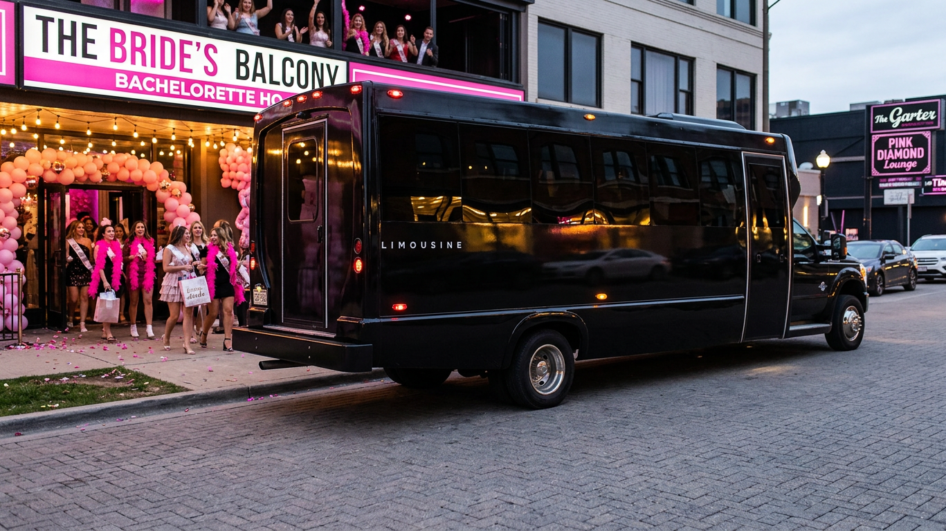 Black executive party bus parked outside a nightlife venue