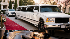 White stretch limousines on the red carpet at a wedding venue.